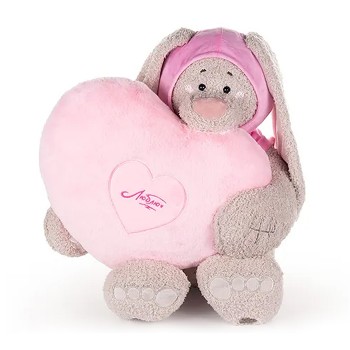 Заяц Вито в пурпурной кофте, с сердцем подушкой розовой, 37см