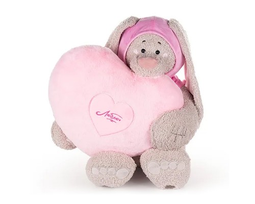 Заяц Вито в пурпурной кофте, с сердцем подушкой розовой, 37см