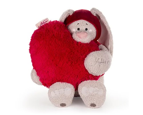 Заяц Вито в бордовой кофте, с сердцем подушкой пушистой, 37см