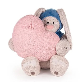 Заяц Вито в т.бирюзовой кофте, с сердцем подушкой пудр., 37см