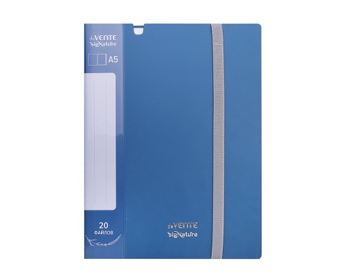 Папка с 020 вкладышами A5 "SigNature" A5 (165x220x10 мм) полипропилен 650 мкм, фактура "ткань" вкладыши 30 мкм, внутренний карман 160 мкм, широкая резинка, индивидуальная упаковка, сумеречно синяя