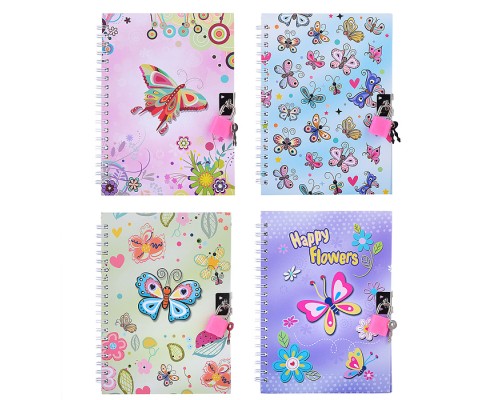 Блокнот 13х18 см "Бабочки", 48 листов, с замочком, линованный внутренний блок, плотность бумаги 70 г/м2, 4 дизайна в ассортименте, ОПП-упаковка