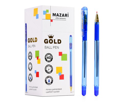Ручка шариковая GOLD, синяя, пулевидный пиш.узел 0.5мм, корпус пластиковый полупрозрачный синий, с резиновым грипом, сменный стержень 140мм, картонная упаковка
