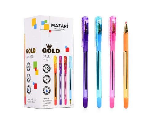 Ручка шариковая GOLD, синяя, пулевидный пиш.узел 0.5мм, корпус пластиковый полупрозрачный ассорти 4 цвета, с резиновым грипом, сменный стержень 140мм, картонная упаковка