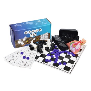 Набор 4в1 лото (пластик) шашки, домино, шахматы, шахматное поле.