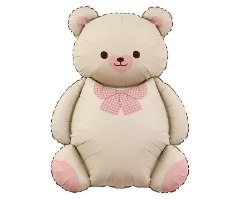 Шар (35''/89 см) Фигура, Мишка с бантом, Бежевый/Розовый, Сатин, 1 шт. в уп.