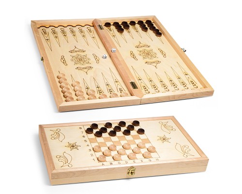 Нарды деревянные средние (рисунок-выжигание, фишки-дерево, лак) 500х250мм