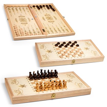 Набор подарочный 3в1 (нарды средние, рисунок-выжиание, шахматы, шашки) 500х250мм
