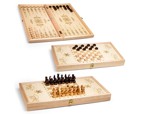 Набор подарочный 3в1 (нарды средние, рисунок-выжиание, шахматы, шашки) 500х250мм