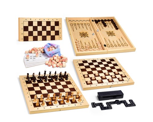 Набор из 5 игр (Русское лото, шахматы, шашки, нарды. домино) доска для шашек/шахмат/нард