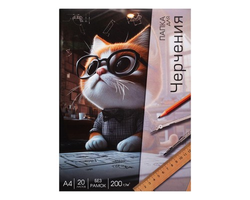 Папка для черчения "Кот инженер" А4, 20л., папка с клапанами, полноцветная односторонняя печать