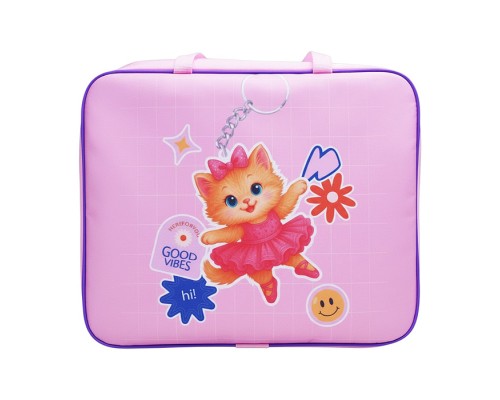 Папка школьника А4 с ручками + твердое дно, широкая, ткань, дизайн 335/260/60 "Кошечка балерина"