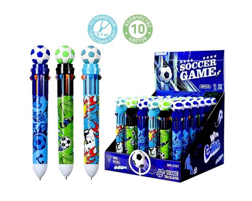 Ручка шариковая автоматическая "WIN GOAL" 10 цв. (фиолетовый, черный, синий, красный, оранжевый, зеленый, жёлтый, голубой, розовый, коричневый), пулевидный пиш.узел 0.7мм, корпус пластиковый цветной, сменный стержень 68 мм, картонный дисплей