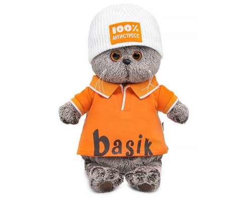 Кот Басик в поло и шапке "100% антистресс"