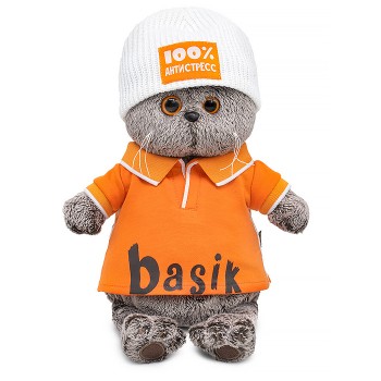 Кот Басик в поло и шапке "100% антистресс"