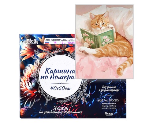 Картина по номерам 40х50 "Кот с книгой" 23 цвета