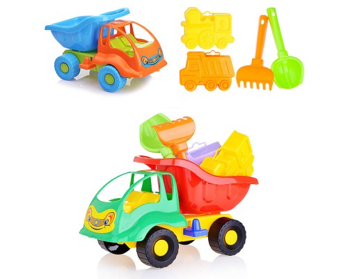 Набор №49: "Муравей", автомобиль-самосвал + совок №2, грабельки №2, формочки (самосвал + паровоз)
