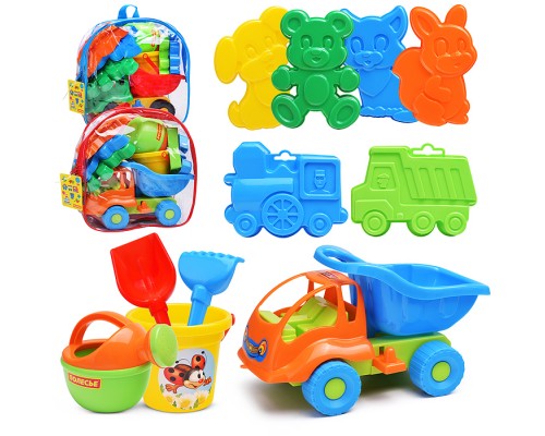 Набор №301 (в рюкзаке): "Муравей", автомобиль-самосвал + ведро малое, лопатка №5, грабельки №5, формочки (самосвал + паровоз + белочка + пёсик + котёнок + медведь), лейка малая №4