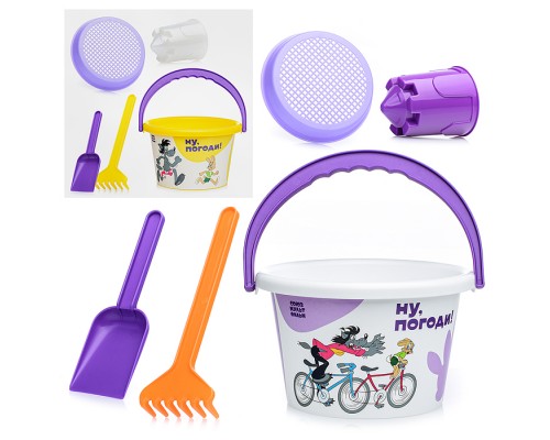 Набор "Ну, погоди!" №4: ведро среднее с наклейкой, ситечко, лопатка, грабельки, формочка (замок башня)