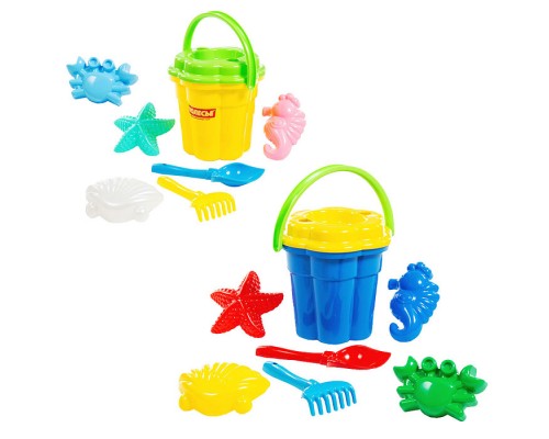 Набор №362: ведро-цветок большое, ситечко-цветок большое, лопатка №5, грабельки №5, формочки (краб №1 + морской конёк + морская звезда №1 + ракушка №1)