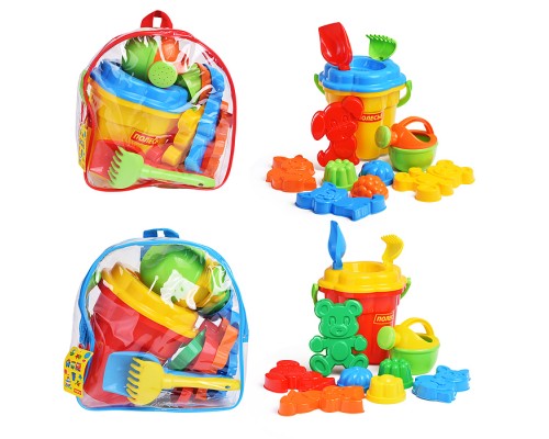 Набор №168 (в рюкзаке): ведро-цветок большое, ситечко-цветок большое, лопатка №5, грабельки №5, формочки (белочка + пёсик + котёнок + медведь), 3 формочки, лейка малая №4