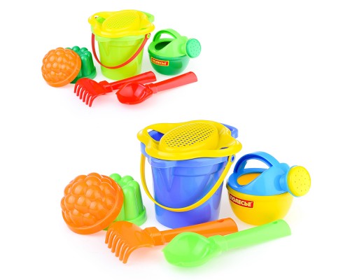 Набор №349: ведро малое с носиком, ситечко-цветок, совок №2, грабельки №2, 2 формочки, лейка малая №3