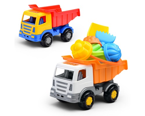 Набор №185: "Мираж", автомобиль-самосвал + ведро-цветок среднее, лопатка №5, грабельки №5, 4 формочки
