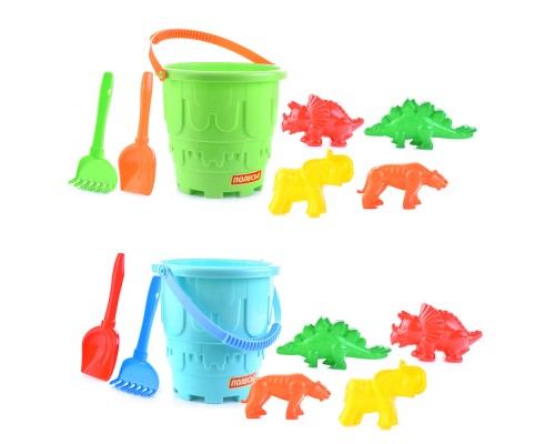 Набор №527: ведро-замок большое, лопатка №5, грабельки №5, формочки (тигр + мамонт + динозавр №1 + динозавр №2)