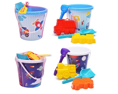 Набор №119: ведро с наклейкой, лопатка №5, грабельки №5, формочки (самосвал + паровоз)