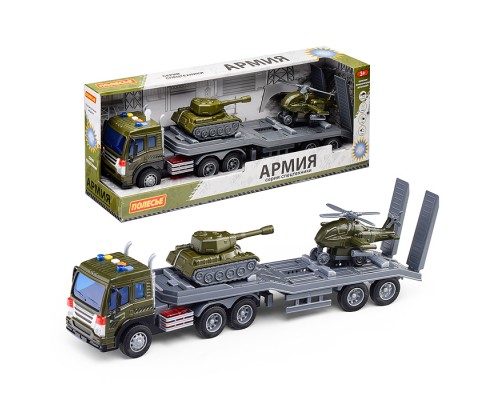 Автомобиль-трейлер "Сити" инерционный (со светом и звуком) + танк "Штурм" инерционный, вертолёт "Штурм" инерционный (в коробке)