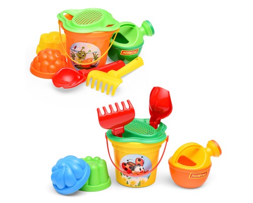 Набор №238: ведро малое, ситечко-цветок, совок №2, грабельки №2, 2 формочки, лейка малая №3