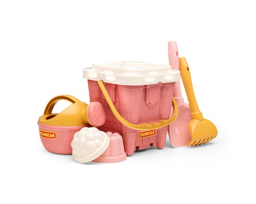 Набор №693: ведро-замок большое №2, ситечко-крепость большое, лопатка №5, грабельки №5, 2 формочки, лейка малая №4 (розовый)