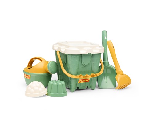 Набор №694: ведро-замок большое №2, ситечко-крепость большое, лопатка №5, грабельки №5, 2 формочки, лейка малая №4 (бледно-зелёный)