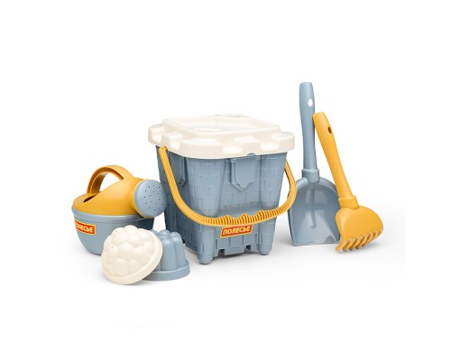 Набор №695: ведро-замок большое №2, ситечко-крепость большое, лопатка №5, грабельки №5, 2 формочки, лейка малая №4 (серо-голубой)