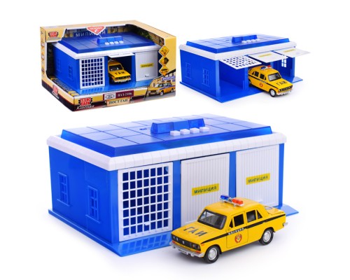 Игрушка пластик Пост ГАИ 22 см, ворота, ВАЗ-2106 (свет-звук, синий) в коробке