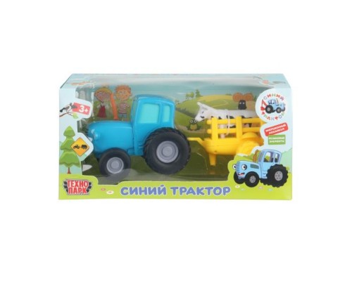 Машина металл Синий трактор с телегой и коровой 11 см, инерц, синий