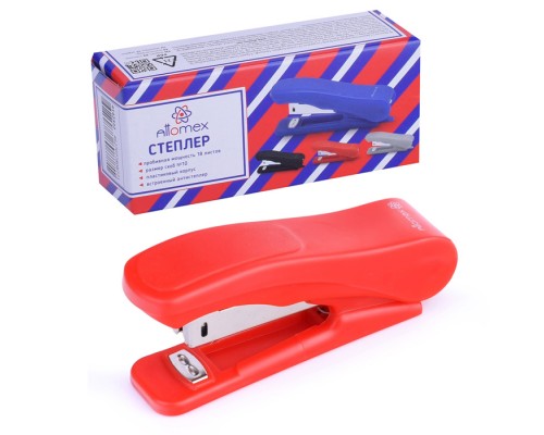 Степлер "Attomex" № 10 усиленный (мощность 18 листов, глубина скрепления 45 мм) пластиковый, в картонной коробке, со встроенным  антистеплером, красный