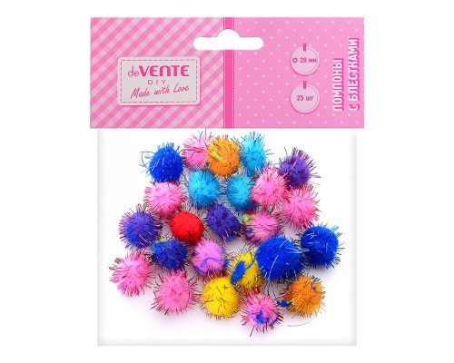 Набор помпонов для творчества 20 мм с блестками, 25 шт, в пластиковом пакете с блистерным подвесом, цвета ассорти
