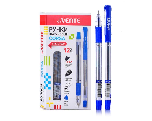 Ручка шариковая "Corsa" серия Speed Pro, d=0,7 мм, ультра гладкое письмо, чернила на масляной основе, игольчатый пишущий узел, прозрачный корпус с каучуковым держателем, сменный стержень, индивидуальная маркировка, синяя