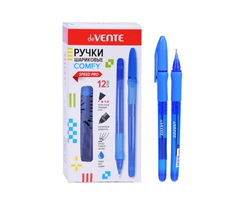 Ручка шариковая "Comfy" серия Speed Pro, d=1 мм, ультра гладкое письмо, чернила на масляной основе, игольчатый пишущий узел, полупрозрачный корпус с каучуковым держателем трёхгранной формы, сменный стержень, индивидуальная маркировка, синяя