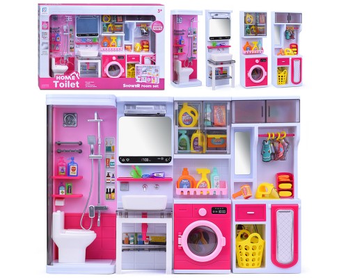 Набор мебели для кукол "Прачечная с душевой" на батарейках, розовая, в коробке