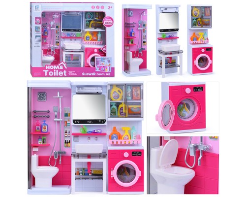 Набор мебели для кукол "Ванная" (душ, унитаз, стиральная машина, зеркало) на батарейках, розовая, в коробке