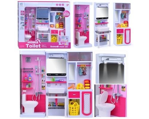 Набор мебели для кукол "Туалетная комната" (душ, унитаз, раковина, зеркало, гладильные принадл.) с аксессуарами, на батарейках, в коробке