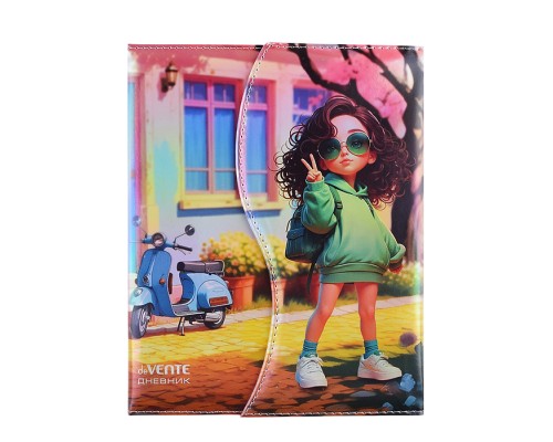 Дневник 1-11кл. "Chic City Girls" универсальный блок, 48 листов, белая бумага 80 г/м&sup2;, печать в 1 краску, твердая обложка из искусственной кожи с поролоном, цветная печать, фигурная магнитная створка, отстрочка, 1 ляссе