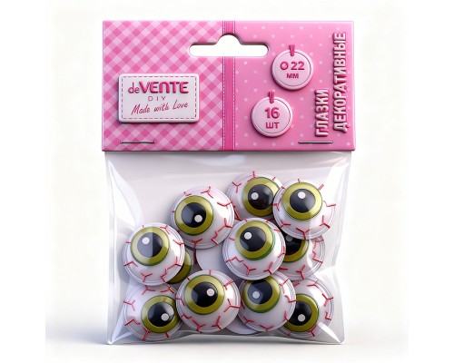Глазки декоративные "DIY Ghost Eyes" 16 шт, пластиковые, самоклеящиеся, зеленые, с бело-красным фоном и черными зрачками, диаметр 22 мм, в пластиковом пакете с блистерным подвесом
