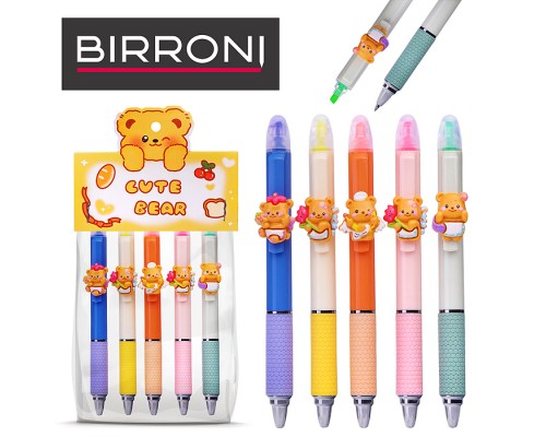 Набор 2 в 1 гелеая ручка + маркер -выделитель   5 шт  в наборе. цвет чернил ручек синий, прорезиненный корпус c  игрушкой на клипе ,прозрачная упаковка с европодвесом .