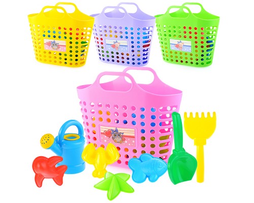 Детский песочный набор 8 пр (сумка-корзина, лейка-мини, совок, грабли, формы 4 шт)