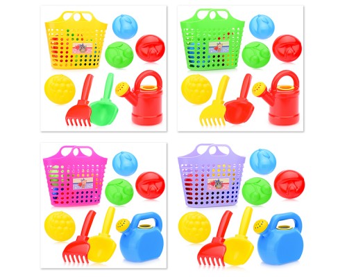 Песочный набор в корзинке "Садовый " ( 4 формочки, совок, грабли, леечка )