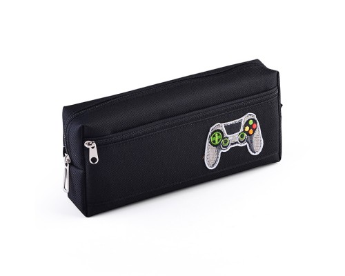 Пенал "Game Time" 200x85x45 мм, плотный износостойкий полиэстер с водоотталкивающей пропиткой, прямоугольный формы для 50 предметов на молнии, наружный объемный карман на молнии, аппликация вышивка, черный
