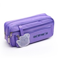 Пенал "Ghost Meow" 220x95x70 мм, плотный износостойкий полиэстер с водоотталкивающей пропиткой, 2 отделения на молнии, овальный для 60 предметов, 2 внешних кармана на молнии, декоративный элемент на липучке из искусственной кожи, сиреневый